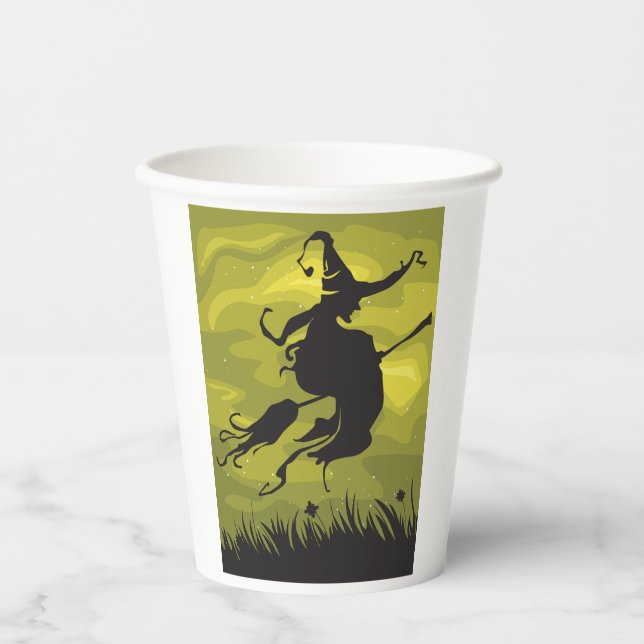Gobelets En Papier Spooky Halloween Witch Flying on Broomstick (Recto)