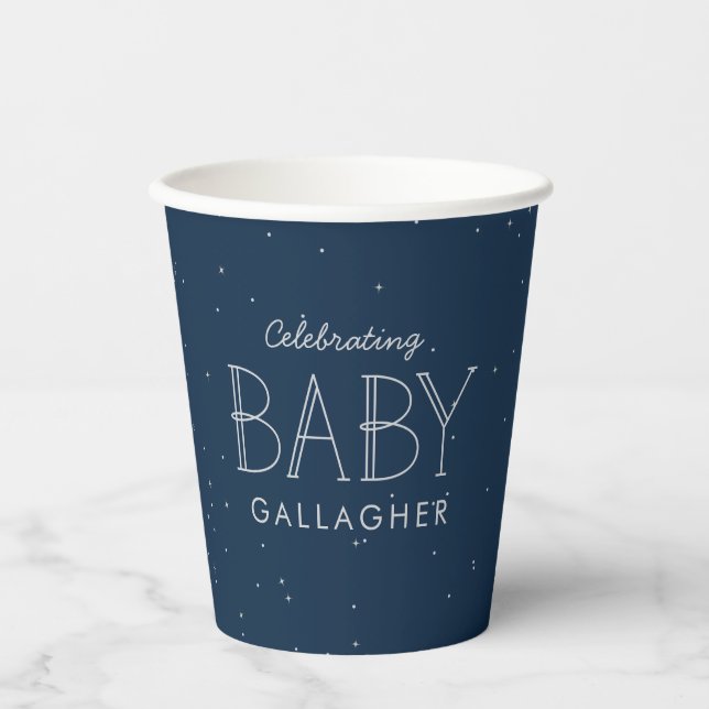 Gobelets En Papier Star baby shower bleu marine personnalisée (Recto)