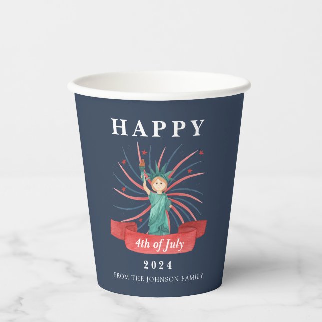 Gobelets En Papier Statue Bleue De La Liberté 4 juillet Bleu (Recto)