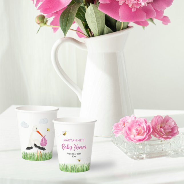 Gobelets En Papier Stores rustique avec Baby shower de fille d'abeill (Cute stork baby shower for girl paper cups with lovely bees and butterflies.)