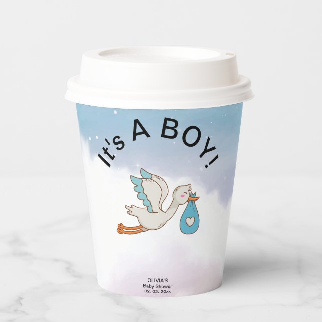 Gobelets En Papier Stork Bird C'est un Baby shower garçon (Recto)