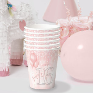 Gobelets En Papier String Lights & Balloons Sweet 16 Rose Gold ID473