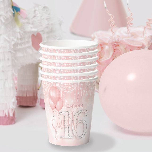 Gobelets En Papier String Lights & Balloons Sweet 16 Rose Gold ID473 (Créateur téléchargé)