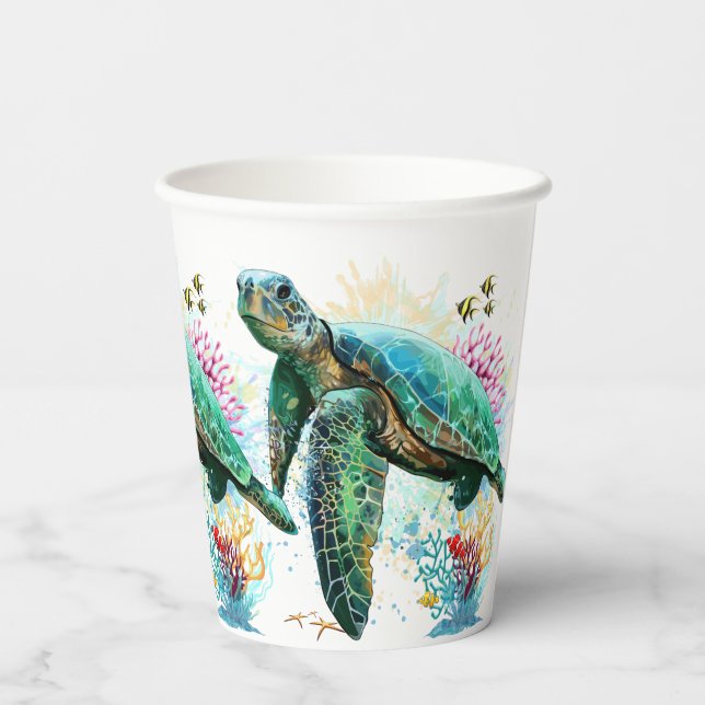 Gobelets En Papier Style d'aquarelle sous-marine de tortue marine (Verso)