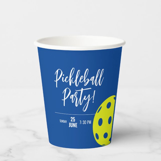 Gobelets En Papier Style Rétro Néon Bleu Thème Pickleball Anniversair (Recto)