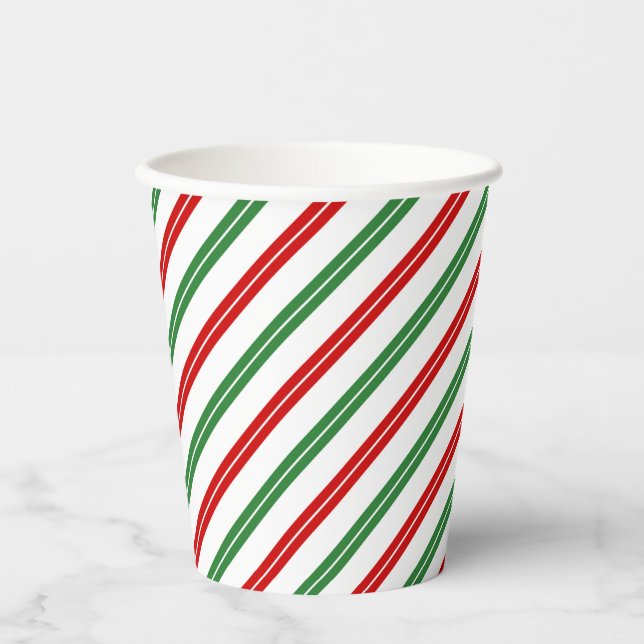 Gobelets En Papier Sucre de canne Noël rayures Rouge Vert (Recto)