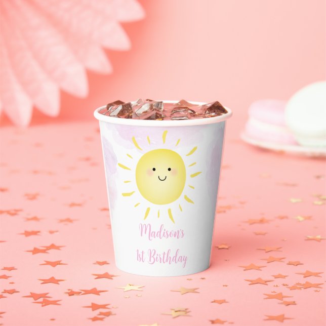 Gobelets En Papier Sunshine Nuages Rose Girl Anniversaire (Insitu)