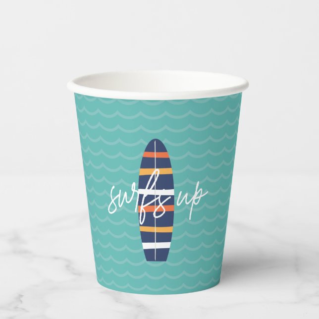 Gobelets En Papier Surfs Up surboard et vagues Anniversaire (Recto)
