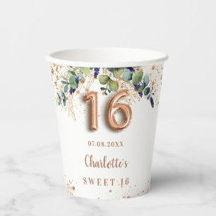 Gobelets En Papier Sweet 16 eucalyptus vert parties scintillant monog