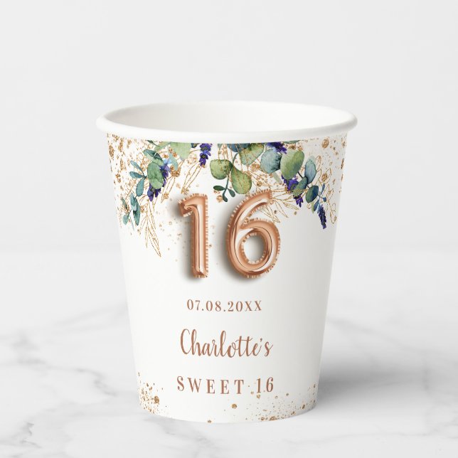 Gobelets En Papier Sweet 16 eucalyptus vert parties scintillant monog (Recto)