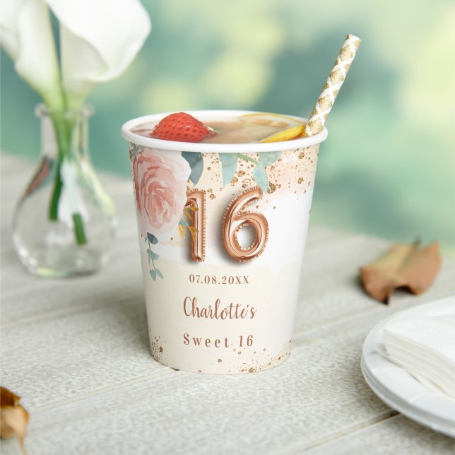 Gobelets En Papier Sweet 16 floraux d'or roses (Insitu)