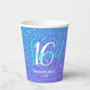 Gobelets En Papier Sweet 16 Moderne Turquoise Parties scintillant vio