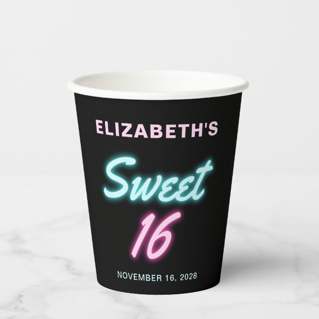 Gobelets En Papier Sweet 16 Neon Lights Anniversaire (Recto)