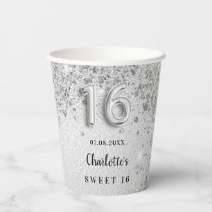 Gobelets En Papier Sweet 16 parties scintillant argent nom monogramme