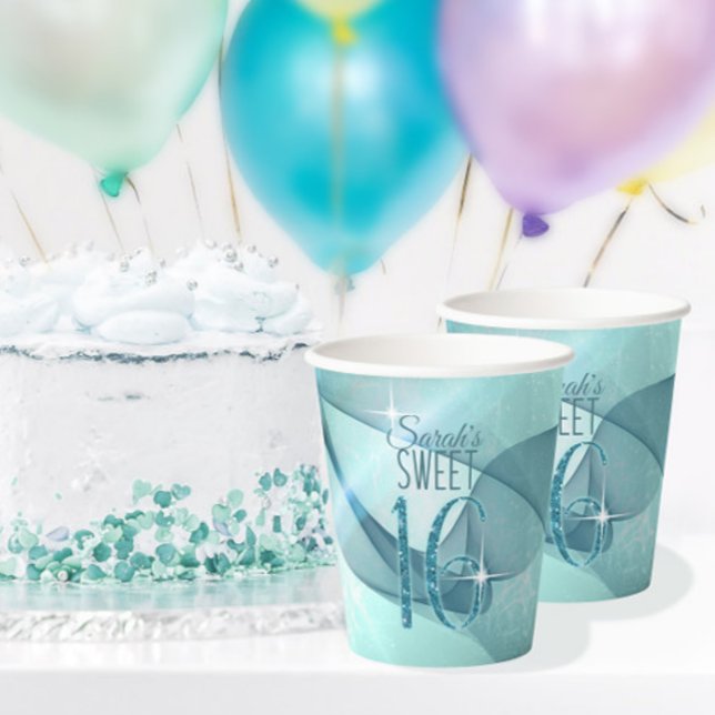 Gobelets En Papier Sweet sixteen à persiennes étincelantes ID Turquoi (Créateur téléchargé)