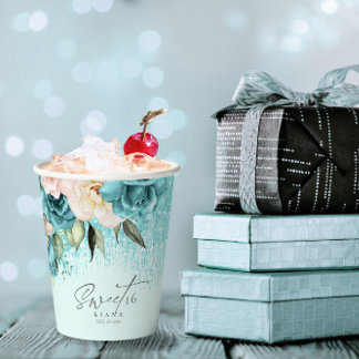 Gobelets En Papier Sweet sixteen Floral Sparkles ID Turquoise912