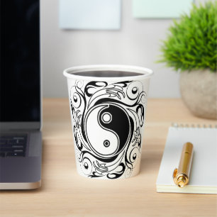 Gobelets En Papier Symbole Yin & Yang Tatouage Noir et Blanc