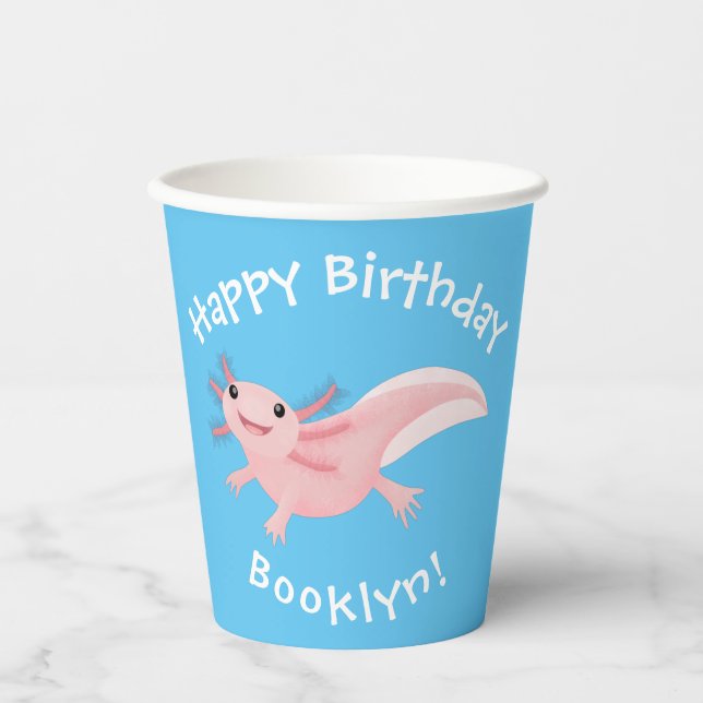 Gobelets En Papier Sympa rose heureux axolotl anniversaire personnali (Recto)