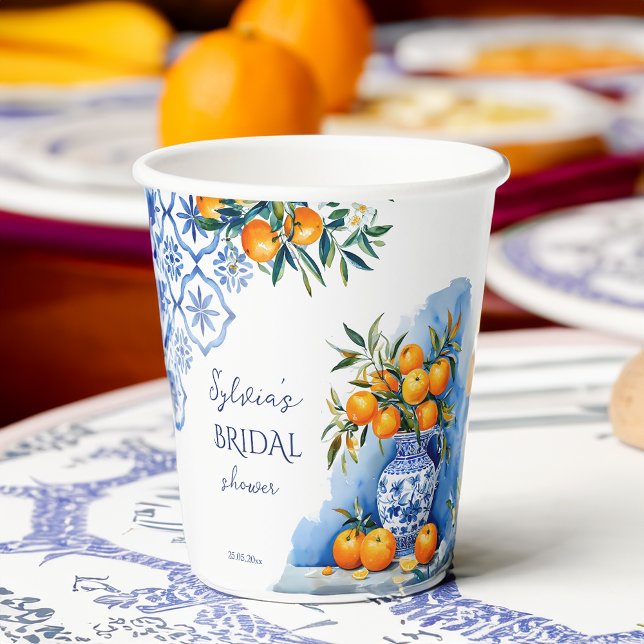 Gobelets En Papier Talavera bleu chinoiserie citrus nuptiale (Talavera blue chinoiserie vase oranges citrus Spanish Mexican summer bridal shower paper cups)