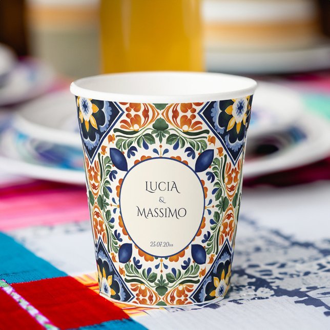Gobelets En Papier Tallavera vintage mariage mexicain imprimé monogra (Talavera vintage Mexican wedding monogram personalized printed Paper Cups table decor)