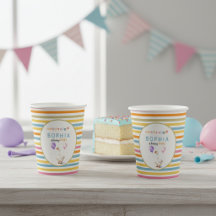Tasse en papier rayée pastel pour les 5 ans de Sil