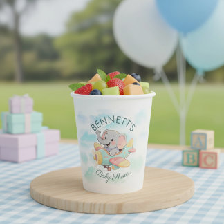Gobelets En Papier Tasse pour Baby Shower Éléphant en Avion à Aquarel