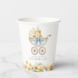 Gobelets En Papier Tasse pour Baby Shower Fleurie Bleue Calèche Vinta