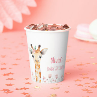 Gobelets En Papier Tasses en papier Baby shower en Giraffe rose