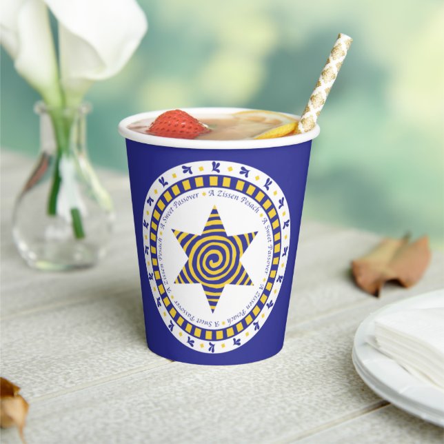 Gobelets En Papier Tasses en papier "Passover Blue/Yellow Star" 8oz. (Insitu)