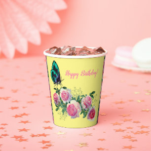 Gobelets En Papier Tasses en papier Roses Papillon Joyeux Anniversair