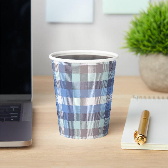 Gobelets En Papier Taupe bleue Tartan Plaid (Insitu)