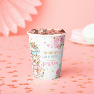 Gobelets En Papier Tea Party Anniversaire Fille Rose & Or Floral Par
