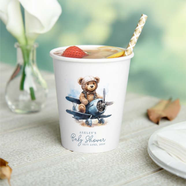 Gobelets En Papier Teddy Bear Avion Aquarelle Baby shower garçon (Insitu)