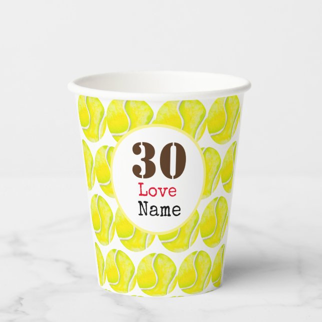 Gobelets En Papier Tennis 30e Anniversaire balle avec amour et nom (Recto)