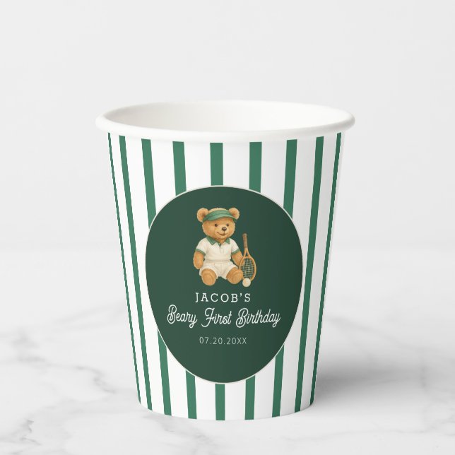 Gobelets En Papier Tennis Preppy Bear Vert rayé 1er Anniversaire (Recto)