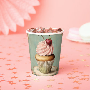 Gobelets En Papier Thé de fête d'anniversaire avec cupcakes roses vin