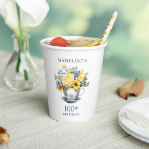 Gobelets En Papier Théière Fleurs Jaunes Bleues 100e Anniversaire