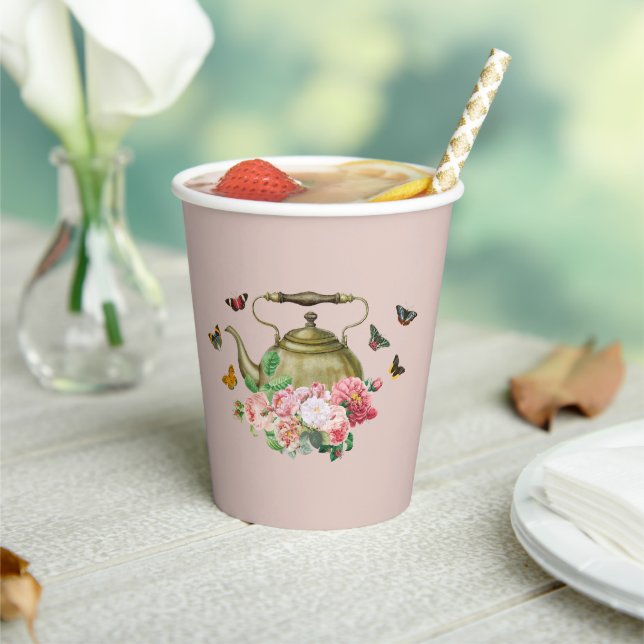 Gobelets En Papier Théière Fleurs Roses et Papillons (Insitu)