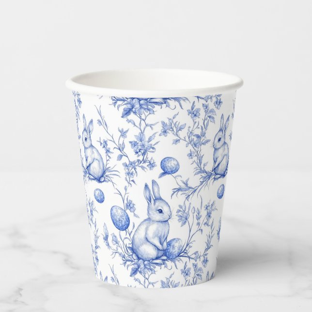 Gobelets En Papier Toile De Jouy Bleu Bunny Pâques (Recto)