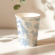 Gobelets En Papier Toile de Jouy Safari animaux Baby shower bleu