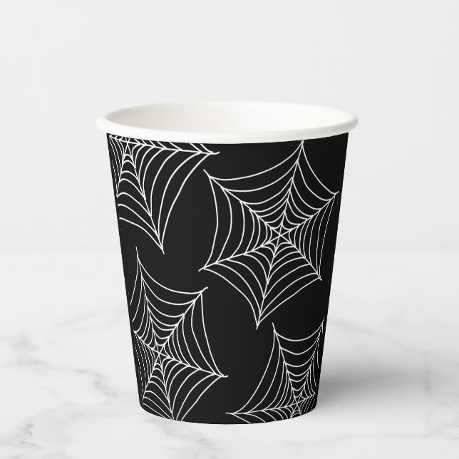 Gobelets En Papier Toiles d'araignée d'Halloween noir (Recto)