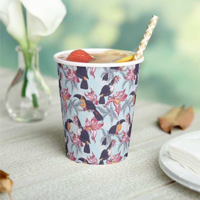 Gobelets En Papier Toucans Avec Fleurs Exotiques (Insitu)