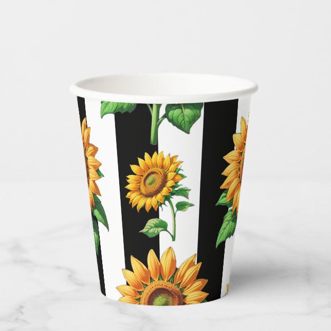 Gobelets En Papier Tournesol Floral noir blanc rayures (Recto)