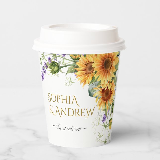 Gobelets En Papier Tournesols rustiques & Mariage Lavander (Recto)
