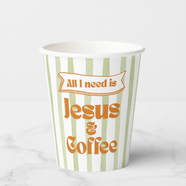 Gobelets En Papier Tout ce dont j'ai besoin c'est Jésus & Café - Vert (Recto)