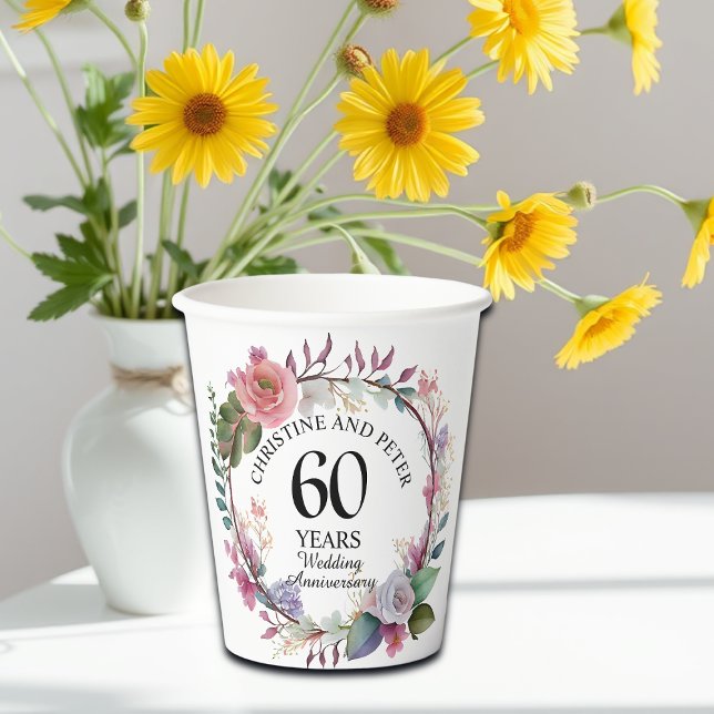 Gobelets En Papier Tout Mariage (60) Élégant Anniversaire Floral (Créateur téléchargé)