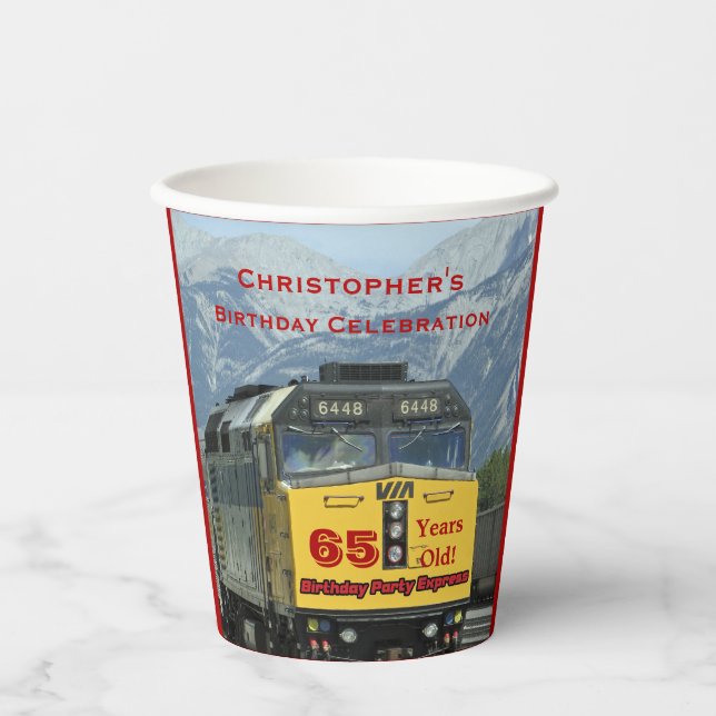 Gobelets En Papier Train ferroviaire Yellow Engine, 65e anniversaire, (Recto)