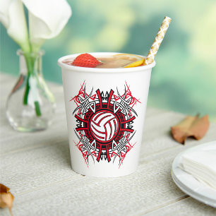 Gobelets En Papier Tribal de volleyball Mandala Sports rouges et noir