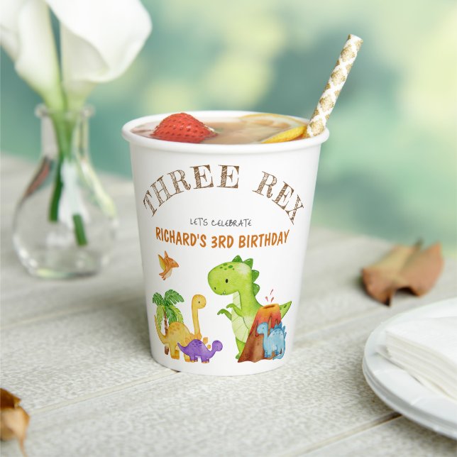 Gobelets En Papier Trois enfants Rex Dinosaur 3e fête d'anniversaire (Insitu)