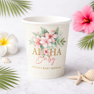Gobelets En Papier Tropical Floral Rose Fête Prénatale Aloha Bébé